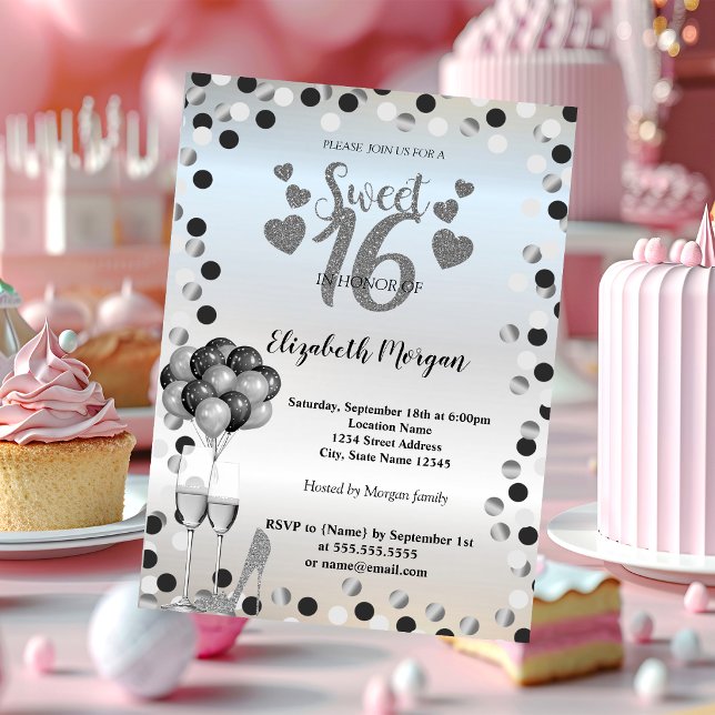 Invitation Points argentés ,Verre,Ballons Fête Sweet 16 (Créateur téléchargé)