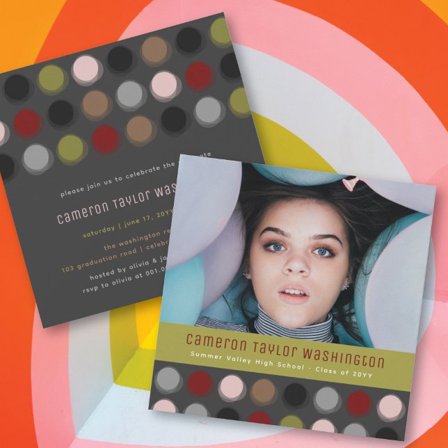 Invitation Points colorés Retro Fuzzy Photo Graduation Party (Créateur téléchargé)