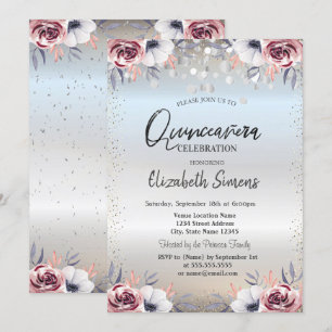 Invitation Points Confetti Argent Quinceañera Floral Argent