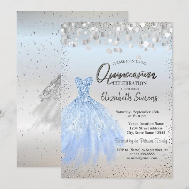 Invitation Points Confetti Argent, Robe Bleue Quinceañera (Devant / Derrière)