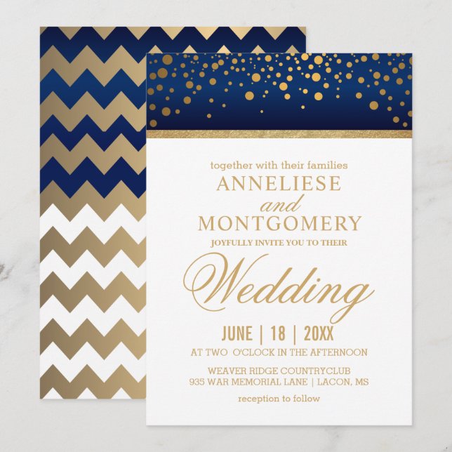 Invitation Points Confetti bleu et or de la Marine - Invitati (Devant / Derrière)
