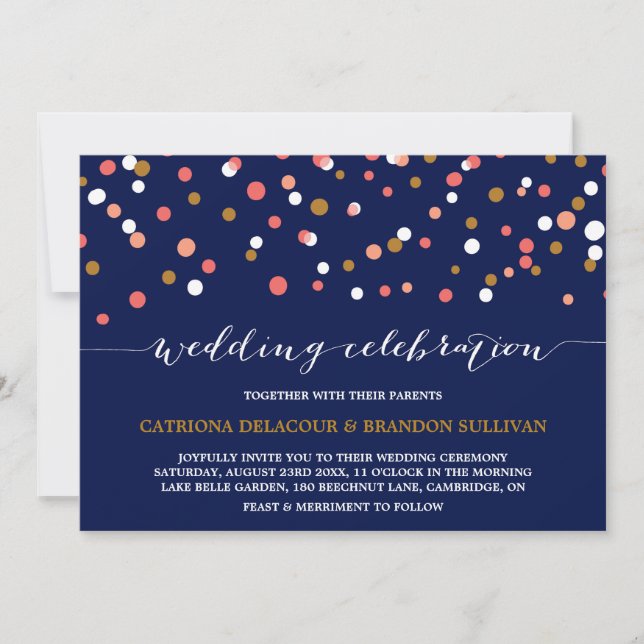 Invitation Points Confetti Corail & Or | Mariage de marine (Devant)