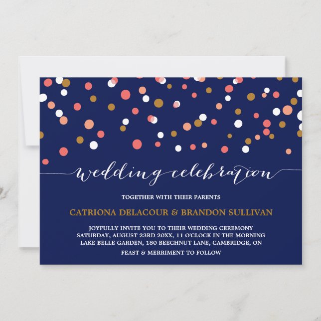Invitation Points Confetti Corail & Or | Mariage de marine II (Devant)