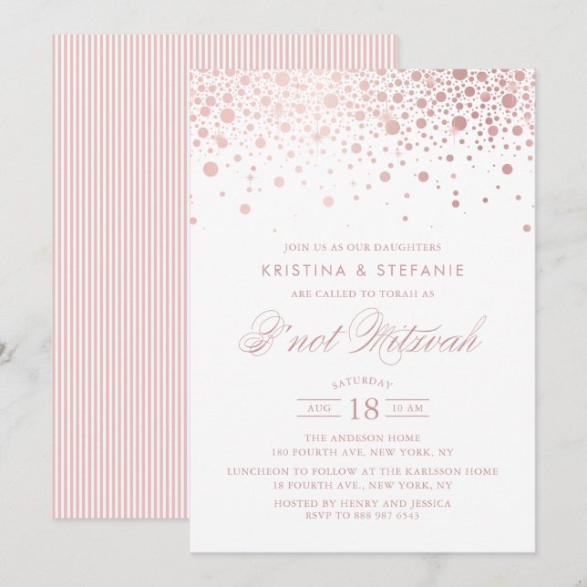 Invitation Points Confetti Faux Roses Gold Foil B'not Mitzvah (Devant / Derrière)