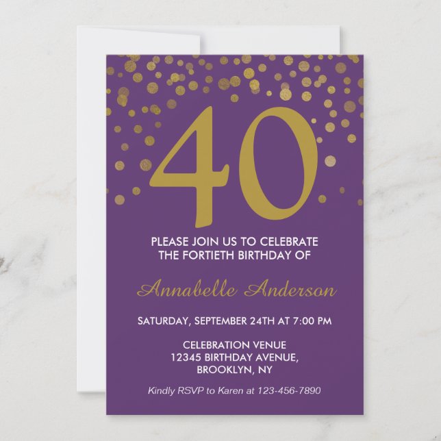 Invitation Points Confetti modernes de 40e anniversaire viole (Devant)