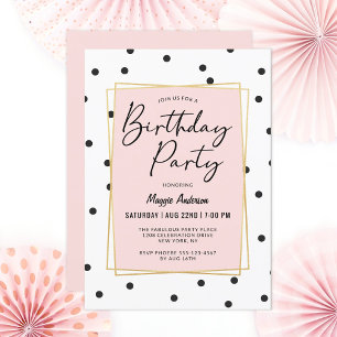 Invitation Points Confetti Noir et Or Rose Anniversaire