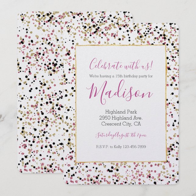 Invitation Points Confetti Noir Rose Or Glitzy Anniversaire (Devant / Derrière)