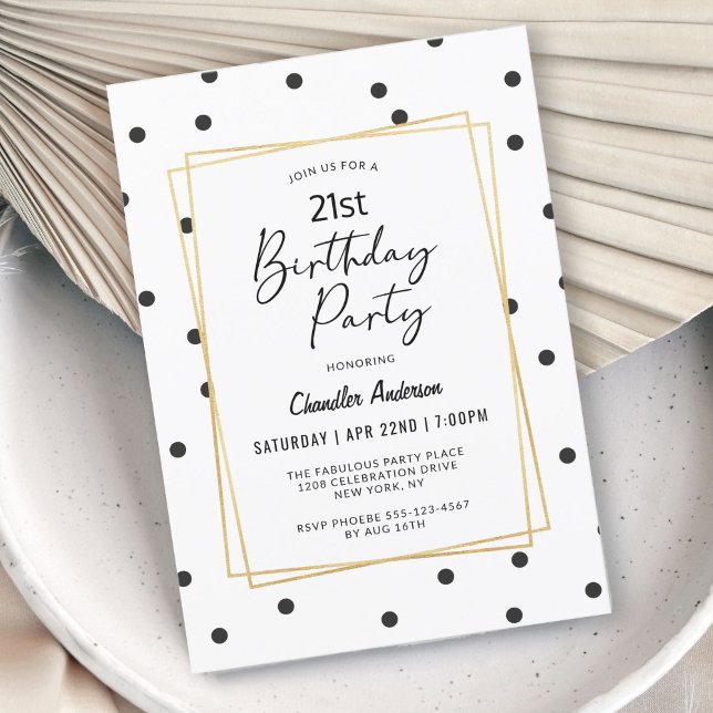 Invitation Points Confetti noirs et blancs 21e fête d'anniver (Personalize with ANY age! Available as printed or digital download invitations for your convenience.)