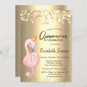 Invitation Points Confetti Or, Flamant rose rose Couronne Qui