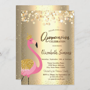 Invitation Points Confetti Or, Flamant rose rose Quinceañera