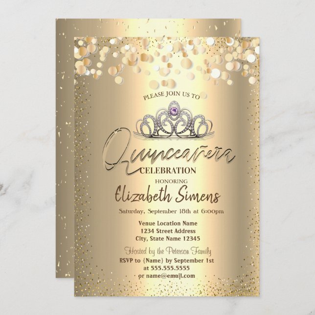 Invitation Points Confetti Or, Tiara Quinceañera (Devant / Derrière)