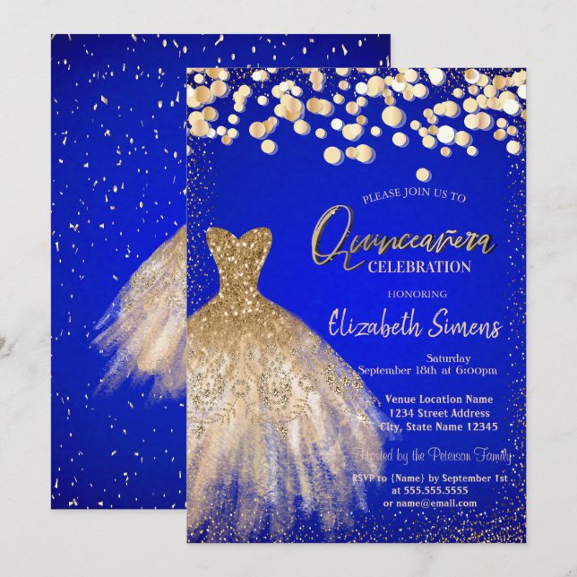 Invitation Points Confetti, Robe Chic Royal Blue Quinceañera (Devant / Derrière)