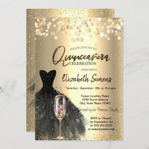 Invitation Points Confetti, Robe Noire Vin Verre Quinceañera