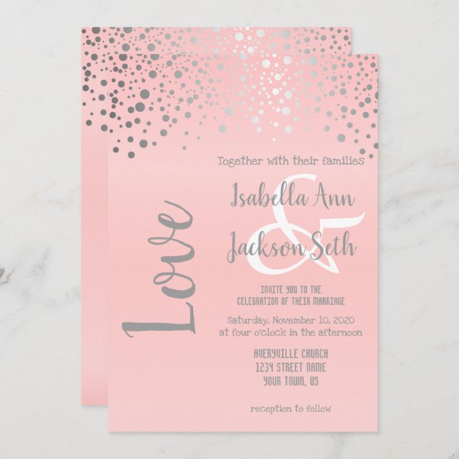 Invitation Points Confetti rose et argent (Devant / Derrière)
