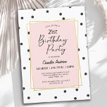 Invitation Points Confetti rose et noir 21e anniversaire<br><div class="desc">Dans un style contemporain branché, ce design d'invitation à la fête de 21 ans présente des pois confettis éparpillés en noir sur un arrière - plan blanc. Un cadre double doré à l'arrière - plan rose pastel poussiéreux entoure le texte dans un style féminin. Jolie écriture manuscrite type visage épelle...</div>