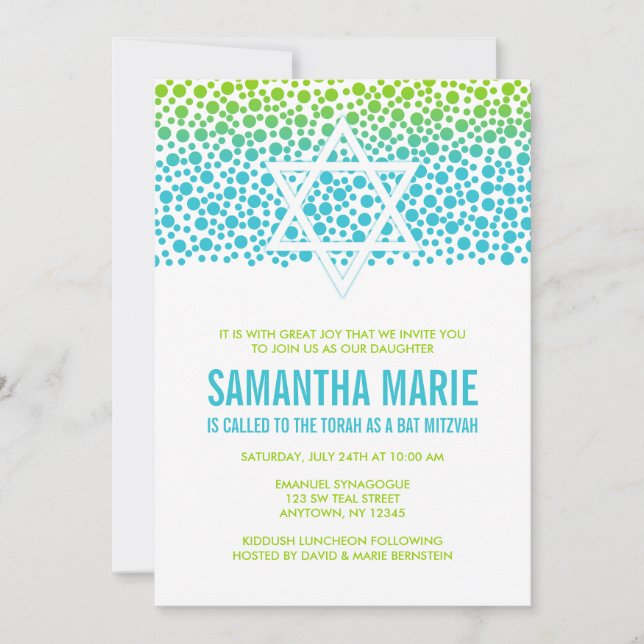 Invitation Points Confetti Turquoise Lime Bat mitzvah vert (Devant)