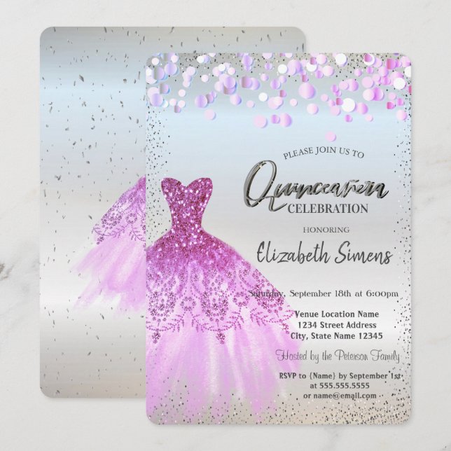 Invitation Points Confetti Violet, Robe Argent Quinceañera (Devant / Derrière)
