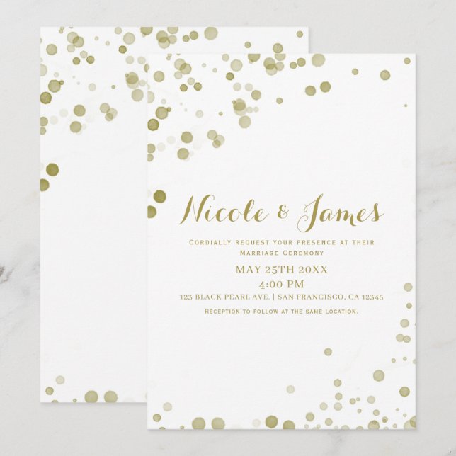Invitation Points d'aquarelle dorés Mariage moderne épuré (Devant / Derrière)