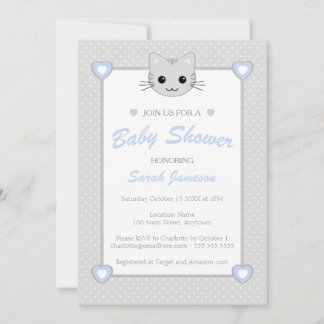 Invitation Points de Baby shower d'animaux de chats Kawaii Bl