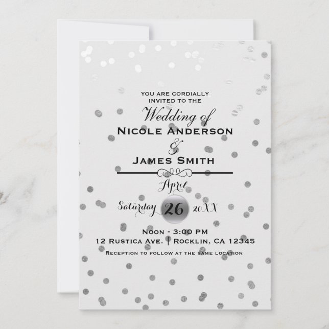 Invitation Points de confettis argentés élégants pour mariage (Devant)