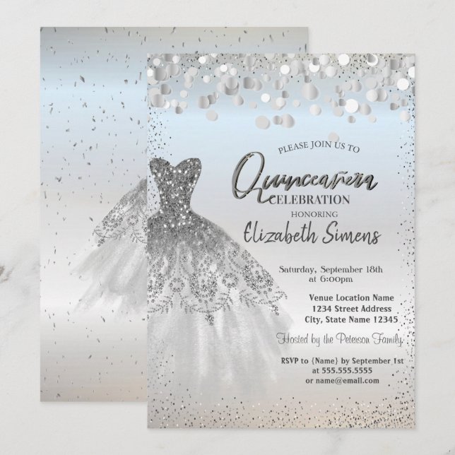 Invitation Points de confettis argentés, robe chic Quinceañer (Devant / Derrière)