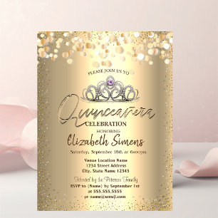 Invitation Points de confettis dorés, Couronne de Quinceañera