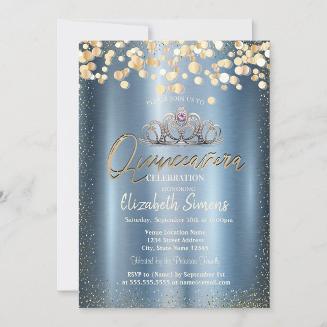 Invitation Points de confettis dorés,Couronne Quinceañera mét (Devant)