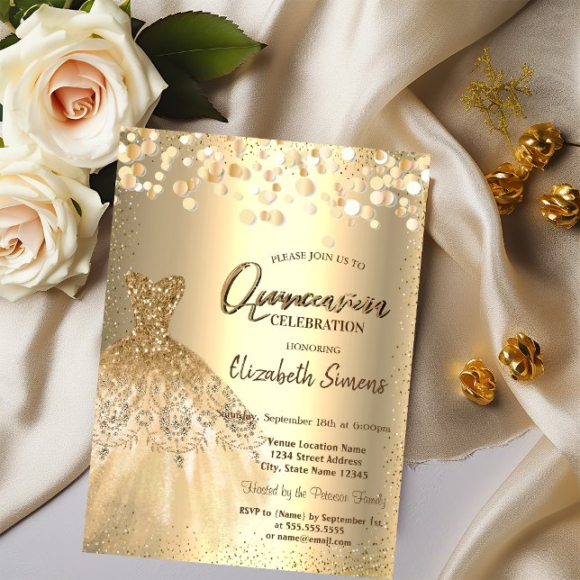 Invitation Points de confettis dorés, robe chic Quinceañera (Créateur téléchargé)
