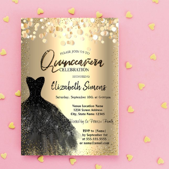 Invitation Points de confettis dorés, Robe noire pour Quincea (Créateur téléchargé)