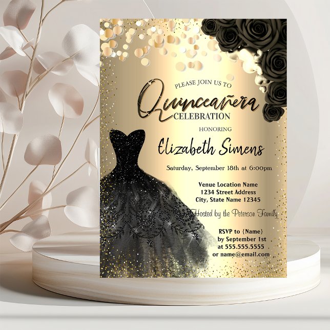 Invitation Points de confettis dorés,Roses noires de robe pou (Créateur téléchargé)