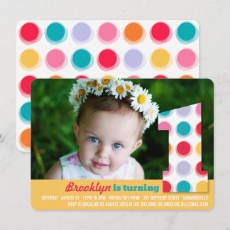 Invitation Points de couleur moderne flou 1er anniversaire Ph