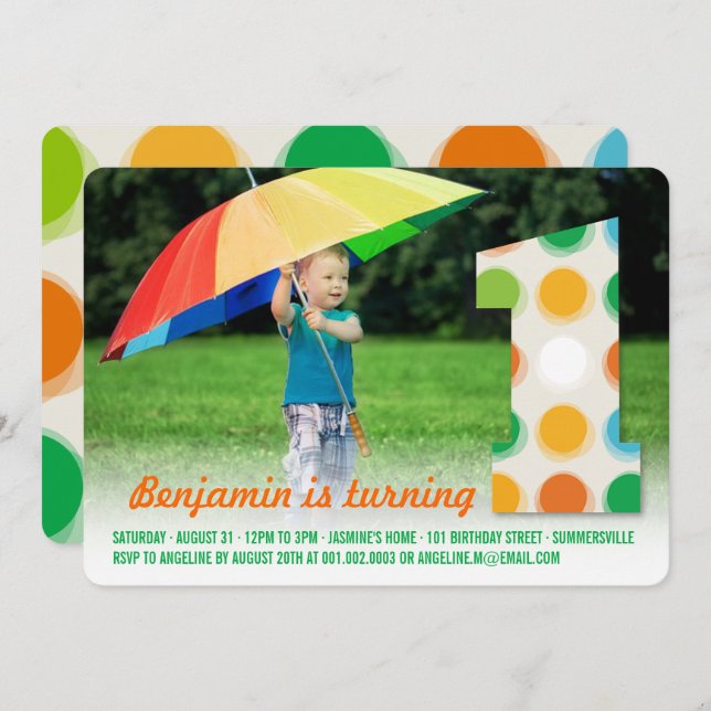 Invitation Points de couleur moderne flou 1er anniversaire Ph (Devant / Derrière)