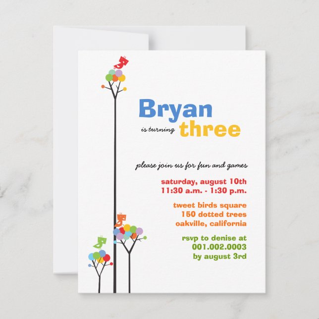 Invitation Points de couleur Whimsical Oiseaux Arbre Enfants  (Devant)