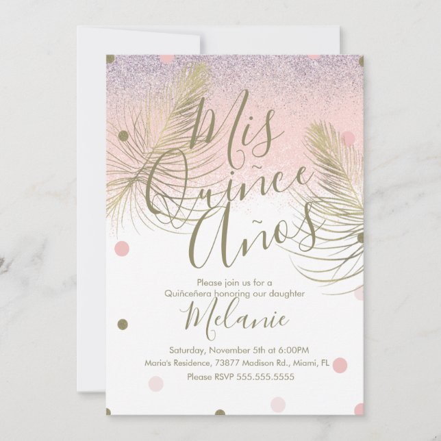 Invitation Points de Parties scintillant Quiñce Faux Or Plume (Devant)