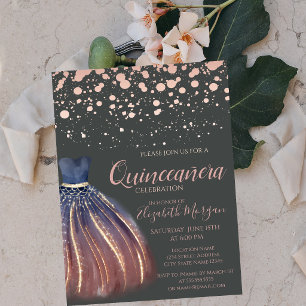 Invitation Points de rose doré moderne, robe grise chic pour