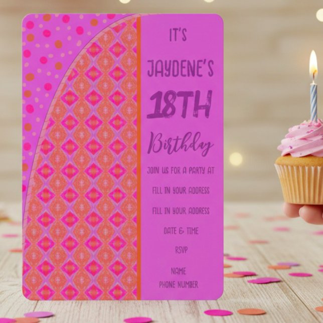Invitation Points Diamants Rose Orange Violet (Go a little crazy this birthday with a fun purple, pink & orange youthful combination. Customize it.)