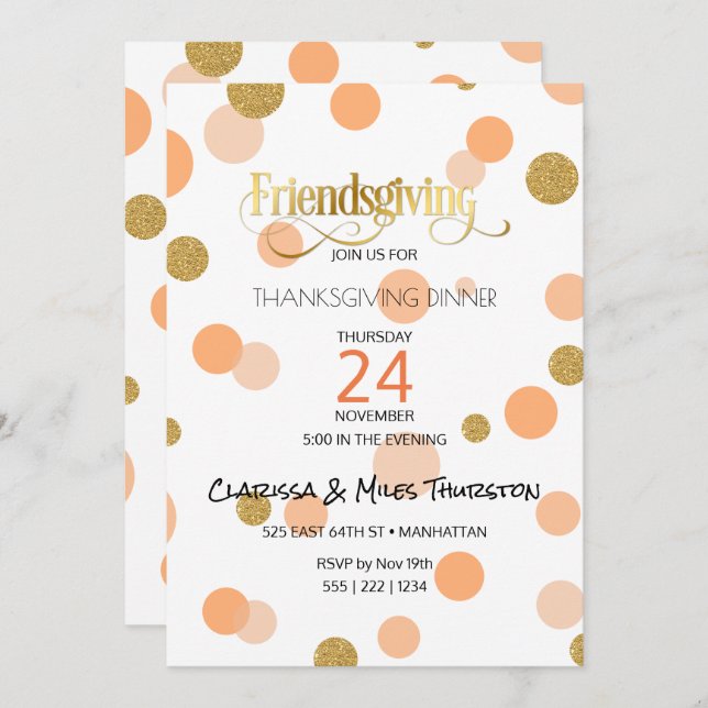 Invitation Points d'orange et d'or de Friendsgiving modernes (Devant / Derrière)