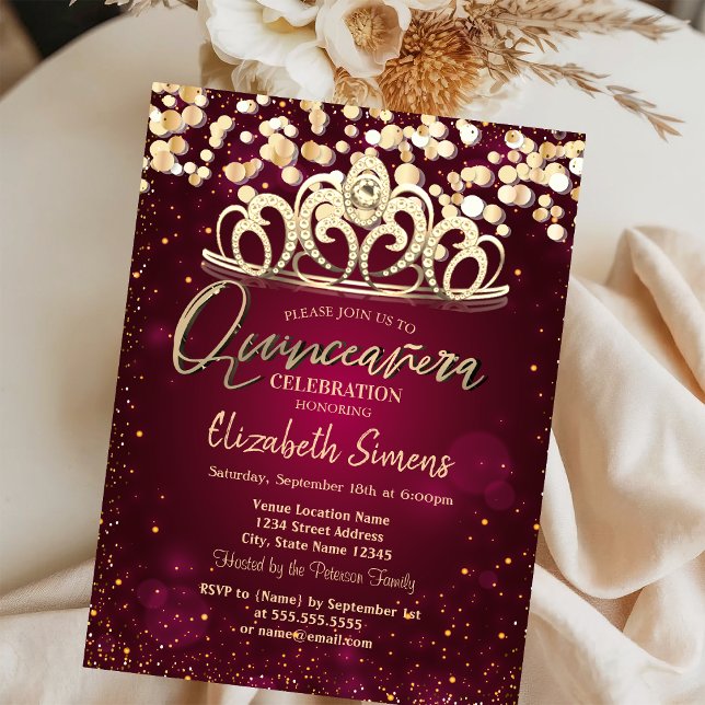 Invitation Points dorés chic, Tiara Burgundy Quinceañera  (Créateur téléchargé)