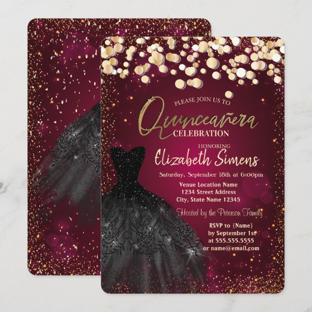 Invitation Points dorés, Robe noire Quinceañera bordeaux (Devant / Derrière)