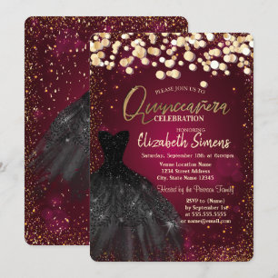 Invitation Points dorés, Robe noire Quinceañera bordeaux