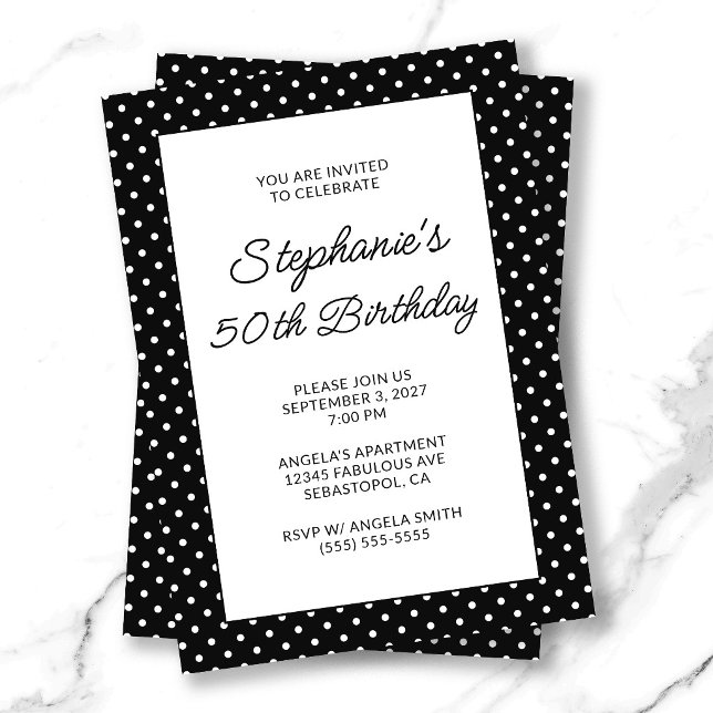Invitation Points minuscules noir et blanc 50e anniversaire (Black and White Tiny Dots 50th Birthday Invitation)