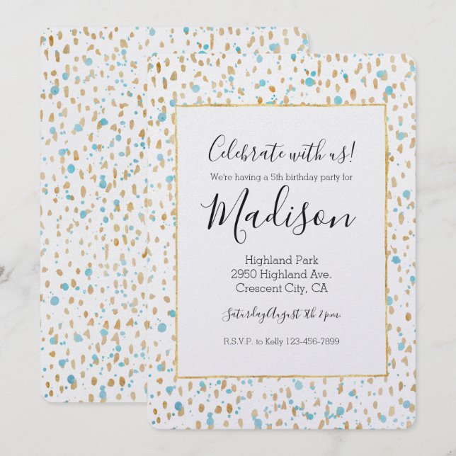 Invitation Points Ocean Blue Gold Confetti Aquarelle Annivers (Devant / Derrière)