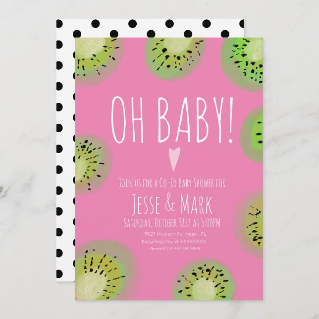 Invitation Points Polis Baby shower Kiwi rose (Devant / Derrière)