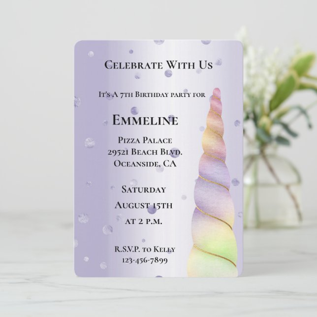 Invitation Points violets rose or Lime Unicorne Anniversaire (Debout devant)