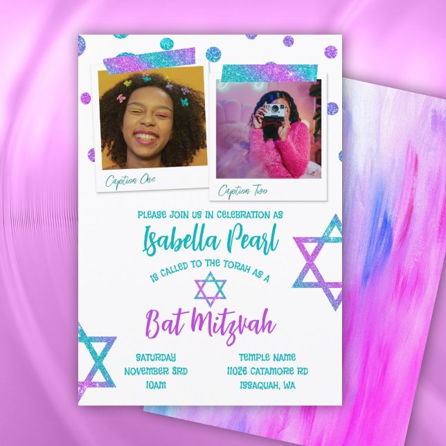 Invitation Pois Bat mitzvah Parties scintillant Turquoise, Ho (pink glitter bat mitzvah invitation with polka dots and star of david, cute photo collage turquoise)
