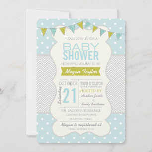 Invitation Pois bleu vert et Baby shower Chevron