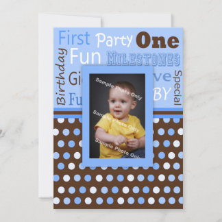 Invitation Pois Bleus du bébé photo du premier anniversaire d