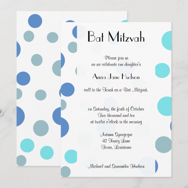 Invitation Pois Bleus, Motif Polka Dot, Bat mitzvah (Devant / Derrière)