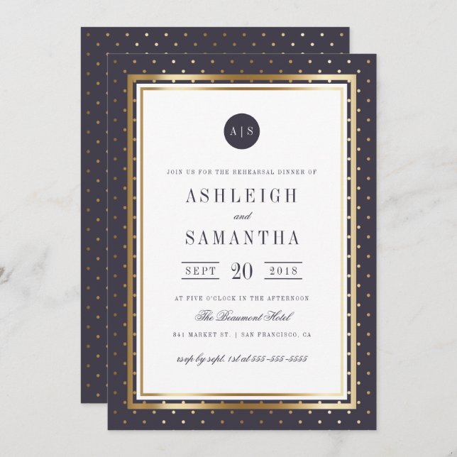 Invitation Pois Chic Gold & Dîner de répétition violet (Devant / Derrière)