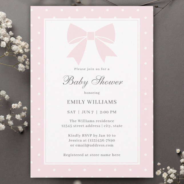 Invitation Pois classique Baby Pink Bow Girl Baby shower (Créateur téléchargé)